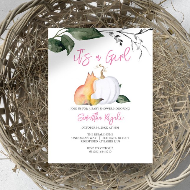 Invitation Aquarelle Bois Chute Baby shower à thème (Autumn-themed baby shower invites woodland fox and white pumpkin girl Design by Victoria Grigaliunas)