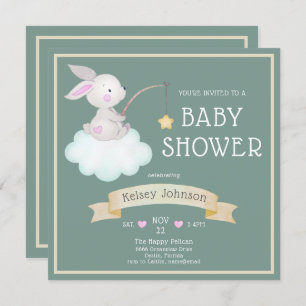 Invitation Aquarelle Bois Lapin Sage Vert Baby shower