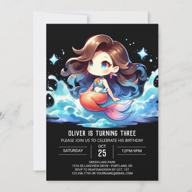 Invitation Aquarelle Bonne Sirène Anniversaire (Devant)