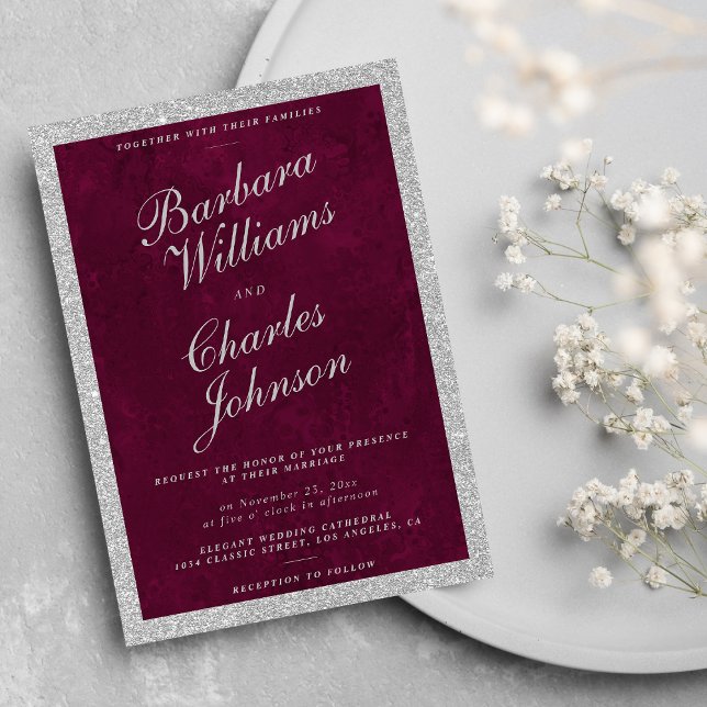 Invitation Aquarelle bordeaux argent parties scintillant luxe (Watercolor burgundy silver glitter luxury wedding )