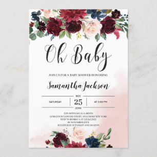 Invitation Aquarelle bordeaux bleu marine rose floral bébé