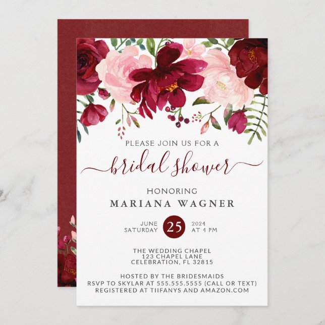 Invitation Aquarelle bordeaux et rose Fête des mariées floral (Devant / Derrière)