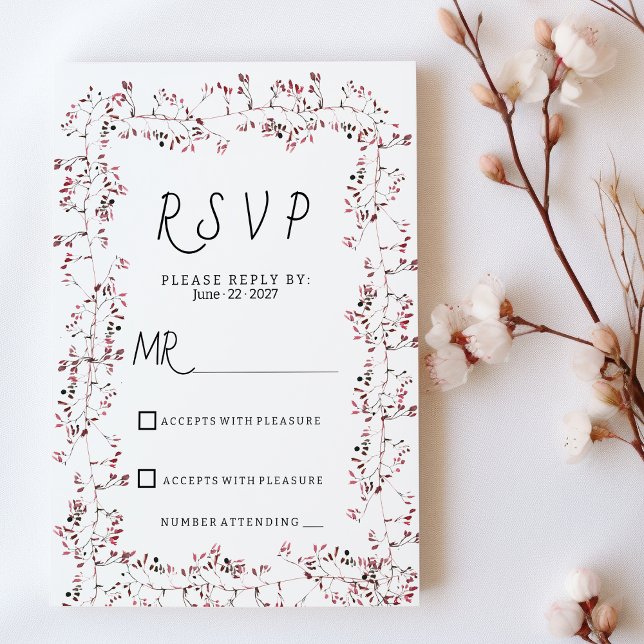 Invitation Aquarelle bordeaux feuille florale rose RSVP (Watercolor burgundy pink floral leaf RSVP)