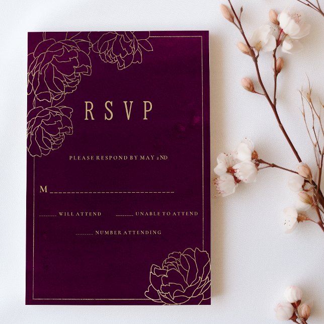 Invitation Aquarelle bordeaux or pivoine florale RSVP (Watercolor burgundy gold peony floral RSVP)