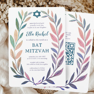 Invitation Aquarelle botanique Bar Mitzvah QR personnalisé