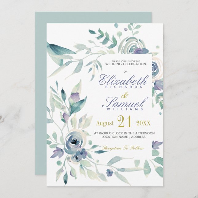 Invitation Aquarelle Botanique Bleu Dusty Mariage élégant (Devant / Derrière)