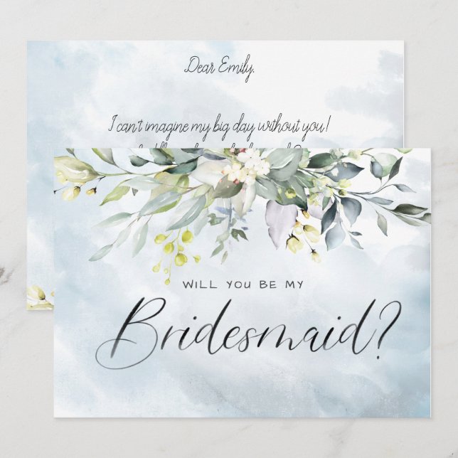Invitation Aquarelle Botanique Bleu Dusty Script Bridesmaid (Devant / Derrière)