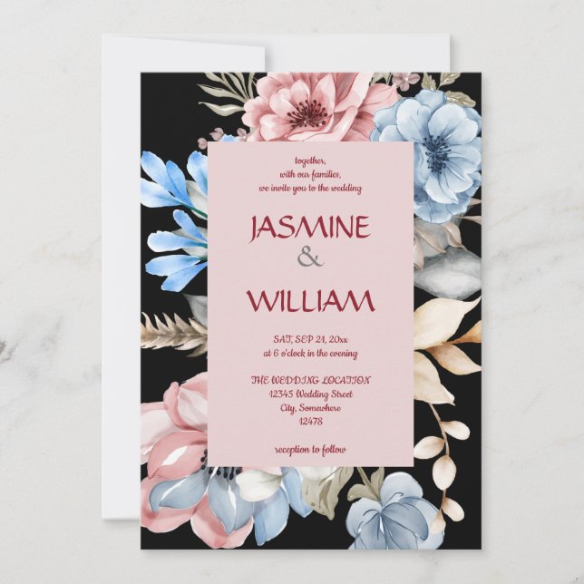 Invitation aquarelle botanique bleue et florale rose (Devant)