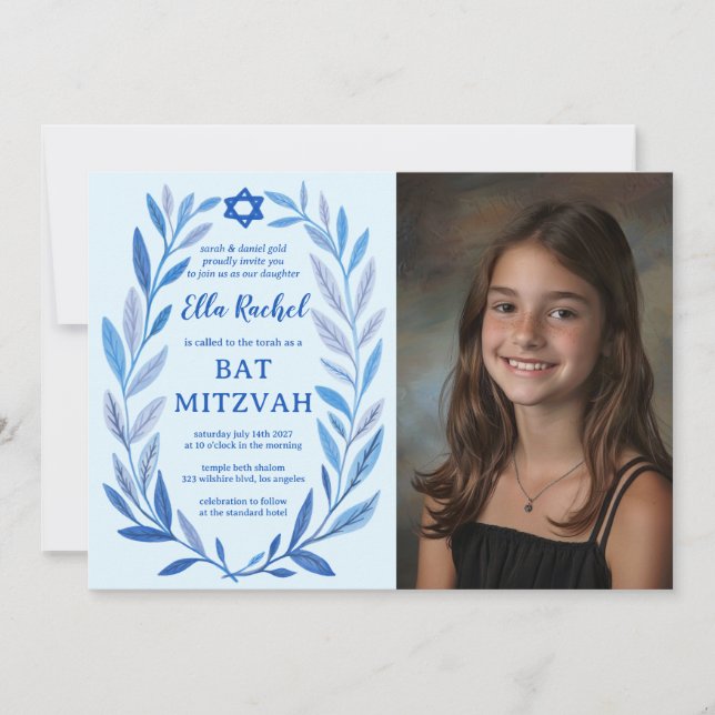 Invitation Aquarelle botanique CUSTOM PHOTO Bat Bar Mitzvah (Devant)