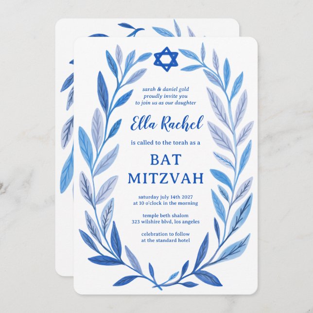 Invitation Aquarelle botanique CUSTOM QR Bar Bat mitzvah (Devant / Derrière)