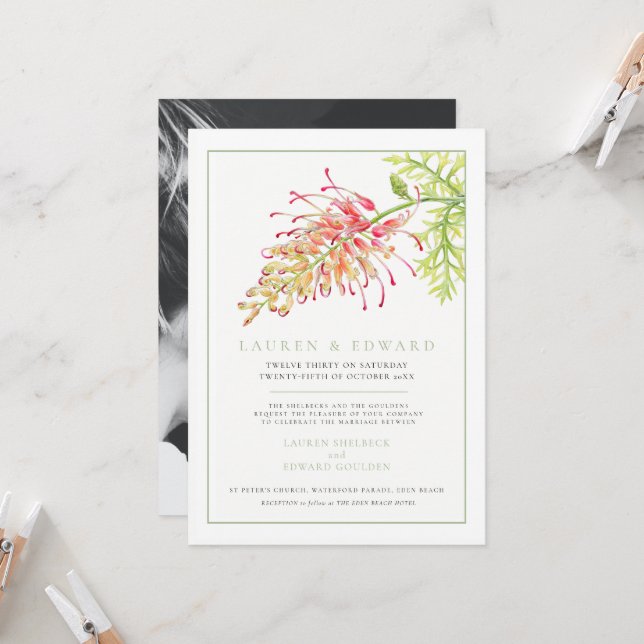 Invitation Aquarelle botanique de Grevillea mariage photo ver (Devant/Arrière en situation)