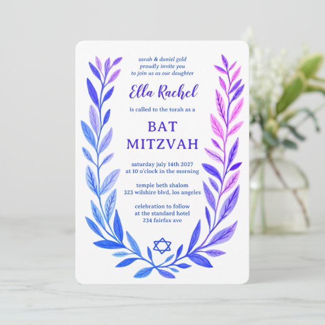 Invitation Aquarelle botanique Étoile de David Bar Bat Mitzva (Debout devant)