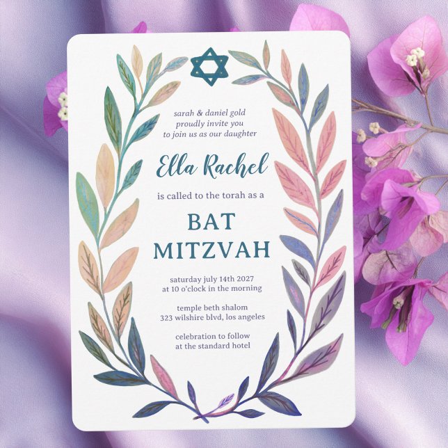 Invitation Aquarelle botanique Étoile de David Bar Bat Mitzva (Botanical Watercolor Star of David Bar Bat Mitzvah Invitation
Purple Pink Vines)