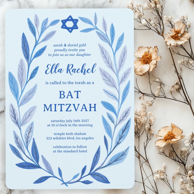 Invitation Aquarelle botanique étoile de David Bar Bat mitzva (Botanical Watercolor Star of David Bar Bat Mitzvah Invitation
)
