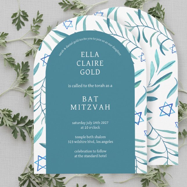 Invitation Aquarelle botanique étoile de David Bar Mitzvah (Watercolor Botanical Star of David Bar Bat Mitzvah Invitation
)