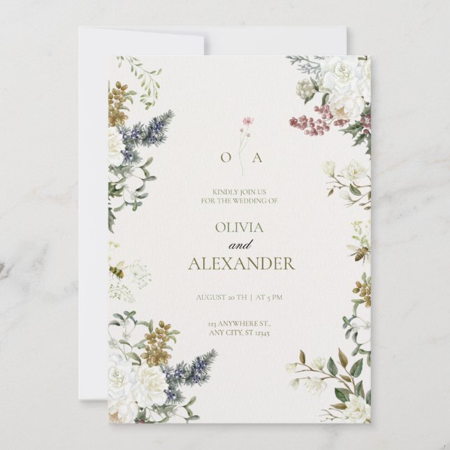 Invitation Aquarelle botanique Evergreen & Rose Blanche lunat (Devant)