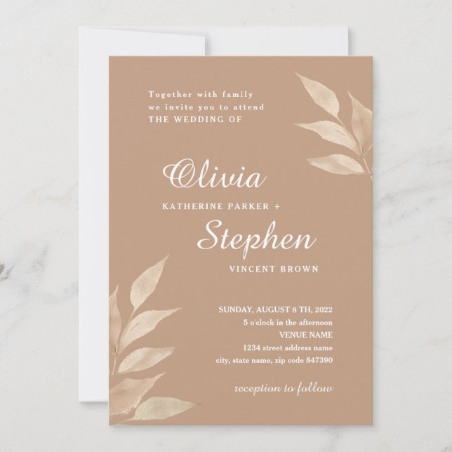 Invitation Aquarelle botanique feuillage taupe mariage (Devant)