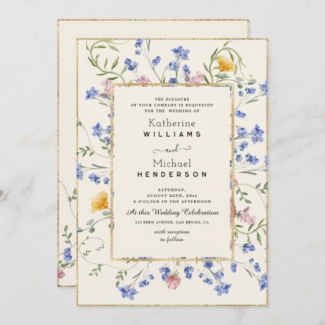 Invitation Aquarelle Botanique Fleur sauvage et Mariage de co (Devant / Derrière)