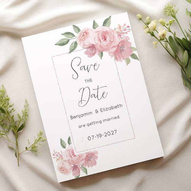 Invitation Aquarelle botanique fleurs roses Enregistrer la da (Watercolor botanicals pink flowers Save the Date)