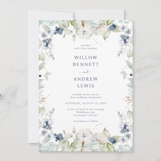 Invitation Aquarelle Botanique Mariage Bleu Marine Sage (Devant)