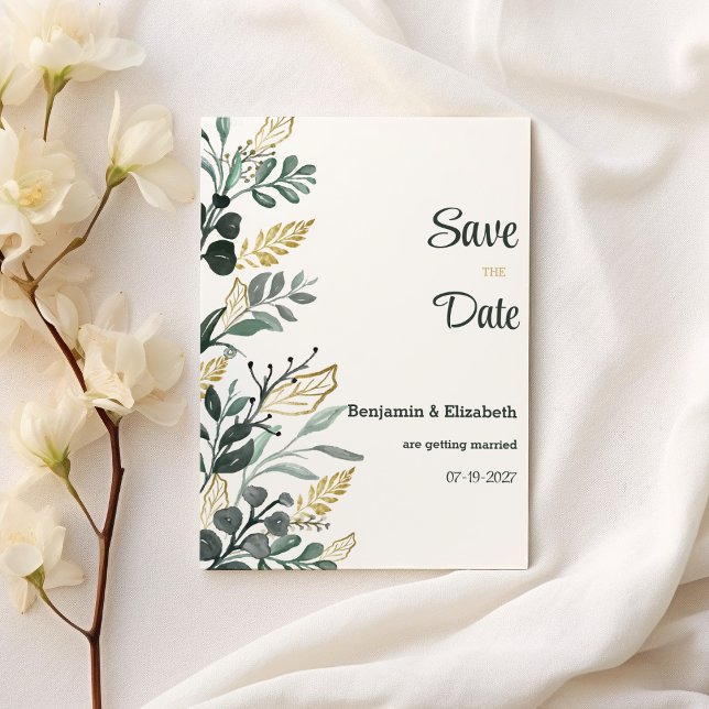 Invitation Aquarelle botanique or verdure Enregistrer la date (Botanical watercolor gold greenery Save the Date)