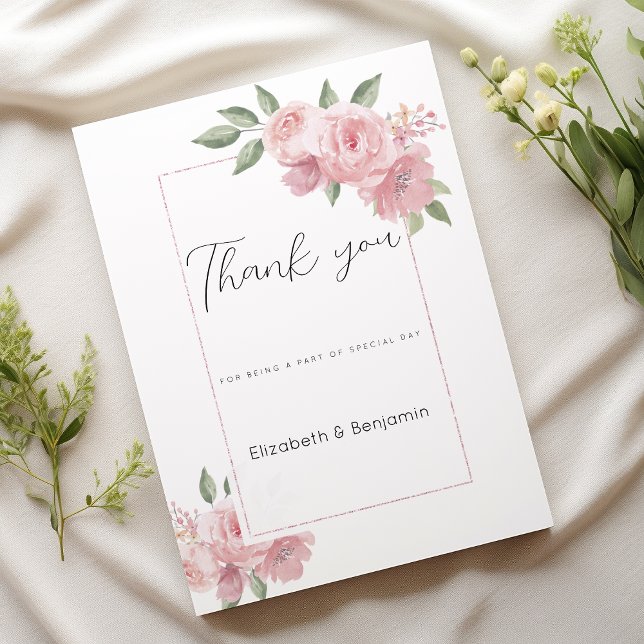 Invitation Aquarelle botanique pastel rose Merci (Watercolor botanicals pastel pink flora Thank You)