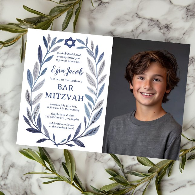 Invitation Aquarelle botanique PHOTO PERSONNALISÉE Bar Mitzva (Botanical Watercolor CUSTOM PHOTO Bat Bar Mitzvah Invitation
)