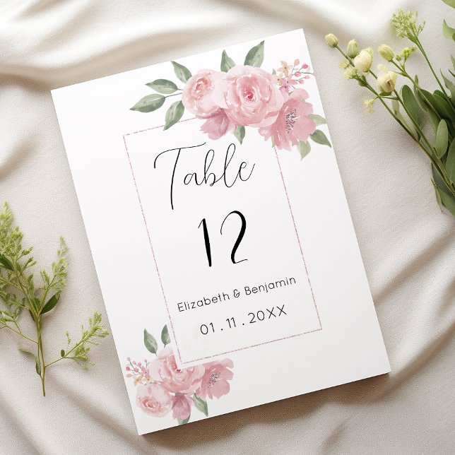 Invitation Aquarelle botanique rose fleurs Nombres de tableau (Watercolor botanicals pink flowers Table Numbers)