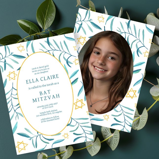 Invitation Aquarelle Botanique Star Bar Bat mitzvah Photo (Watercolor Botanical Star Bar Bat Mitzvah Custom Photo Invitation
)