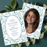 Invitation Aquarelle Botanique Star Bar Bat mitzvah Photo<br><div class="desc">Carte parfaite pour annoncer un bat mitzvah, bar mitzvah ou une autre célébration juive ! L'aquarelle faite main pour vous sur l'avant et la photo sur le côté arrière! ENTIÈREMENT PERSONNALISABLE ! Cliquez sur "Personnaliser" ci-dessus pour modifier le texte et ajouter votre propre photo. Cliquez sur "modifier à l'aide de...</div>
