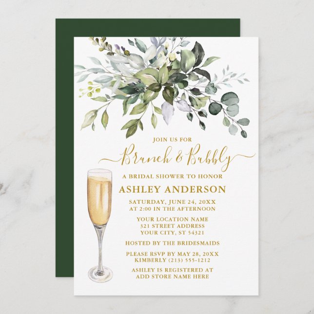 Invitation Aquarelle Botanique Verdure Brunch Bubbly Gold (Devant / Derrière)