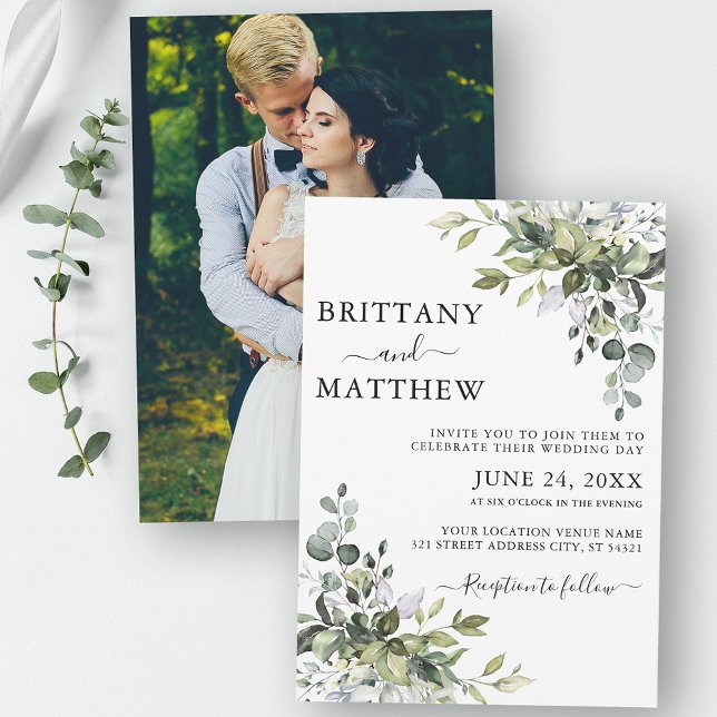 Invitation Aquarelle Botanique Verdure Couple Mariage photo (Customize to change text size, color or style.)