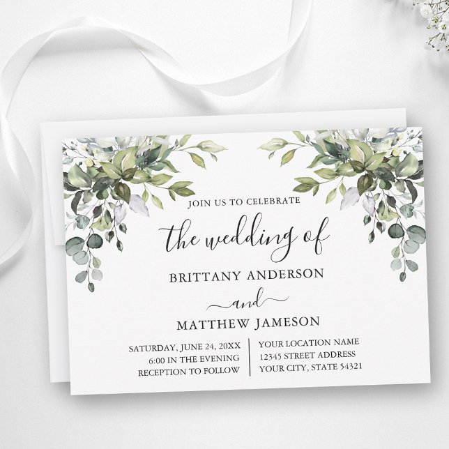 Invitation Aquarelle Botanique Verdure Mariage de calligraphi (Customize to change text color, text style or add text & photos to back of card.)