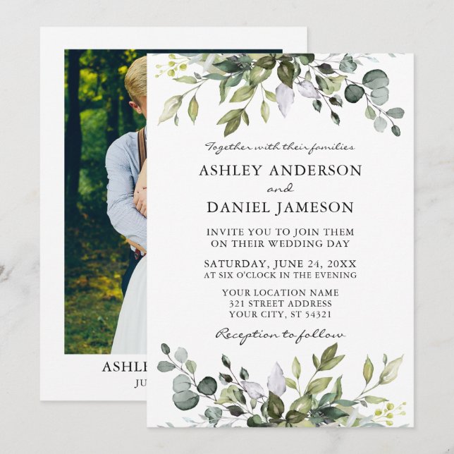 Invitation Aquarelle Botanique Verdure Mariage photo (Devant / Derrière)