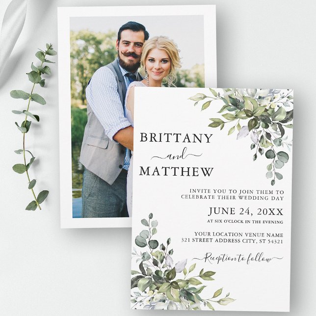 Invitation Aquarelle Botanique Verdure Photo Retour Mariage (Customize to change text size, color or style.)