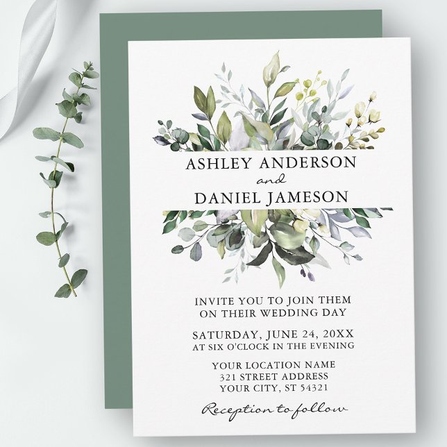 Invitation Aquarelle Botanique Verdure Sage Vert Mariage (Customize to change text color, style, add text & photos to back or change color of back of card.)
