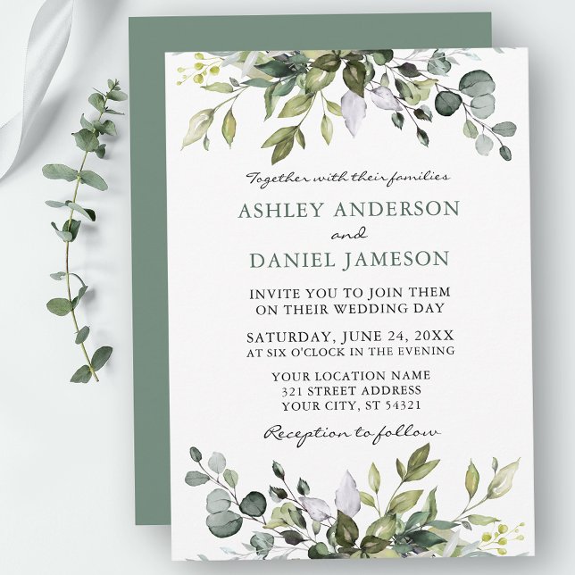 Invitation Aquarelle Botanique Verdure Sage Vert Mariage (Customize to change text color, style, add text & photos to back or change color of back of card.)