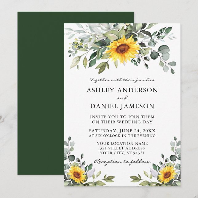 Invitation Aquarelle Botanique Vert Mariage de tournesols (Devant / Derrière)