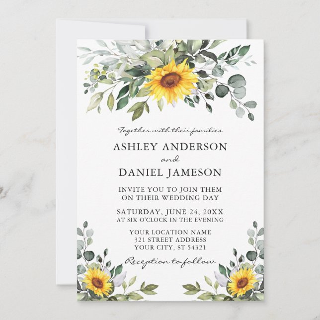 Invitation Aquarelle Botanique Vert Mariage Tournesols (Devant)