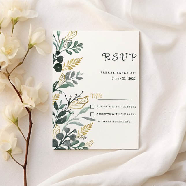 Invitation Aquarelle botanique vert or vert verdure RSVP (Botanical watercolor green gold greenery RSVP)