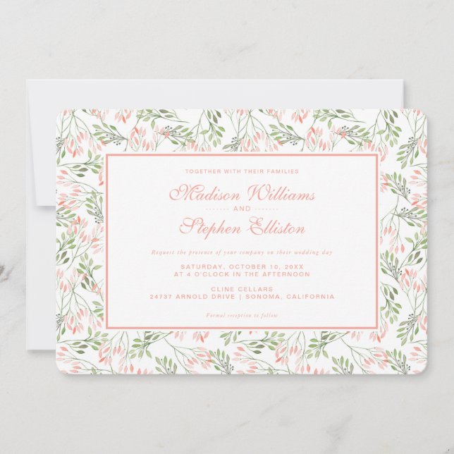 Invitation Aquarelle botanique verte et rose - Mariage (Devant)