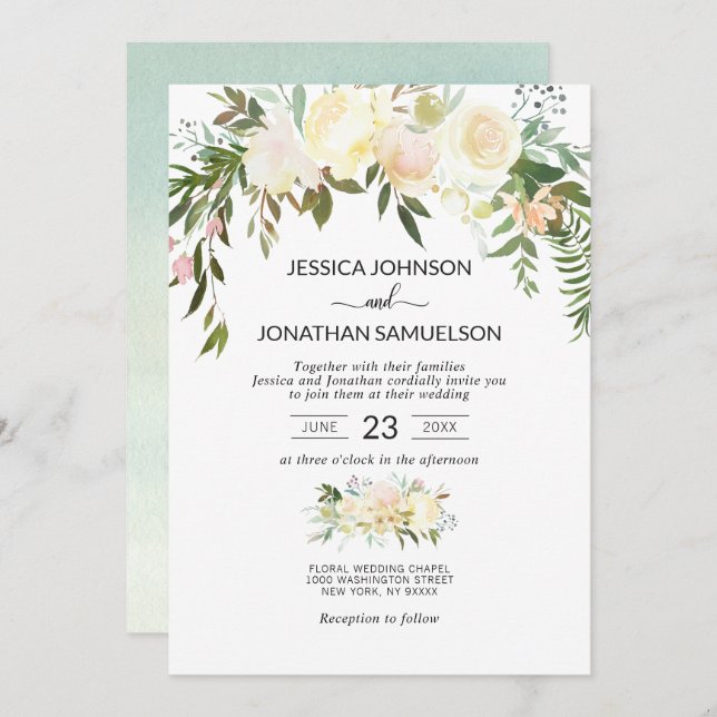 Invitation Aquarelle Bouquet Floral rose Beige Mariage ivoire (Devant / Derrière)