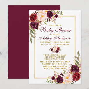 Invitation Aquarelle Bourgogne Baby shower Floral Or