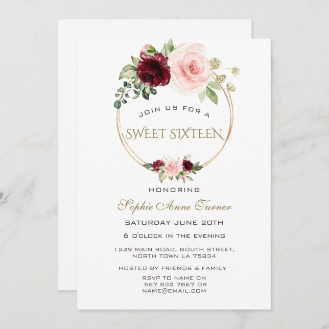 Invitation Aquarelle Bourgogne Blush Floral Gold Sweet 16 (Devant / Derrière)