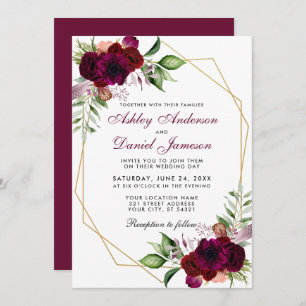 Invitation Aquarelle Bourgogne Boho Floral Gold Frame Mariage