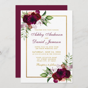Invitation Aquarelle Bourgogne Boho Floral Mariage Or