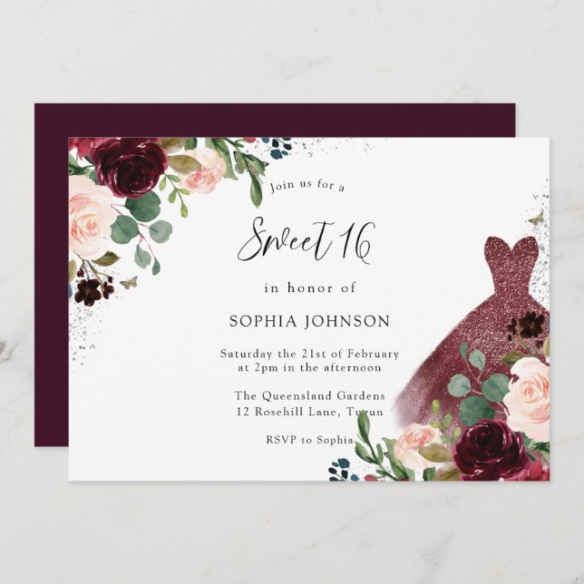 Invitation Aquarelle Bourgogne & Brousse Robe Florale Douce 1 (Devant / Derrière)