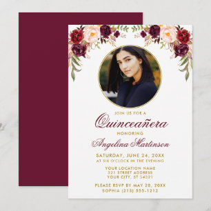 Invitation Aquarelle Bourgogne Cadre rond Floral Quinceanera