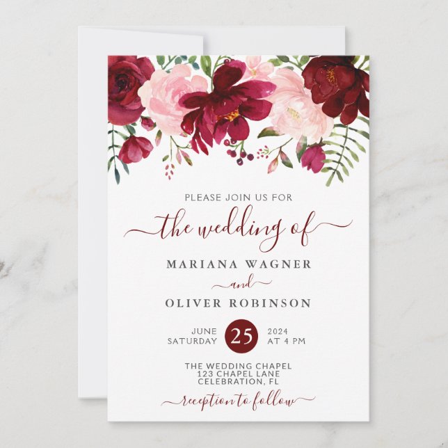 Invitation Aquarelle Bourgogne et rose Mariage floral Invita (Devant)