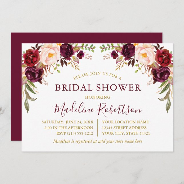 Invitation Aquarelle Bourgogne Fête des mariées Florale Or (Devant / Derrière)